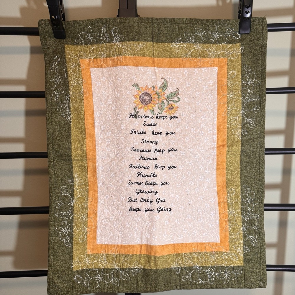 Vintage Quilt Hanging With Christian Saying Handmade Floral Embroidery 27 X 22